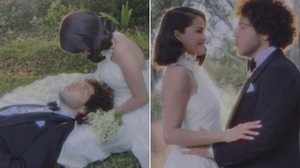 Selena Gomez in her Ralph Lauren wedding gown with Benny Blanco, September 2025